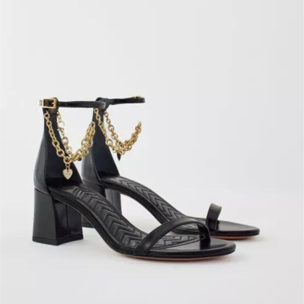 NEW Maje Feverlow Black Patent Leather Gold Chain Heart High Heel Sandals EU 39 - Picture 2 of 15